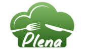 Logo com chapéu de cozinheiro verde, acompanhado de um garfo e uma faca, simbolizando alimentação. O design integra o conceito da marca "Alimentação Plena"